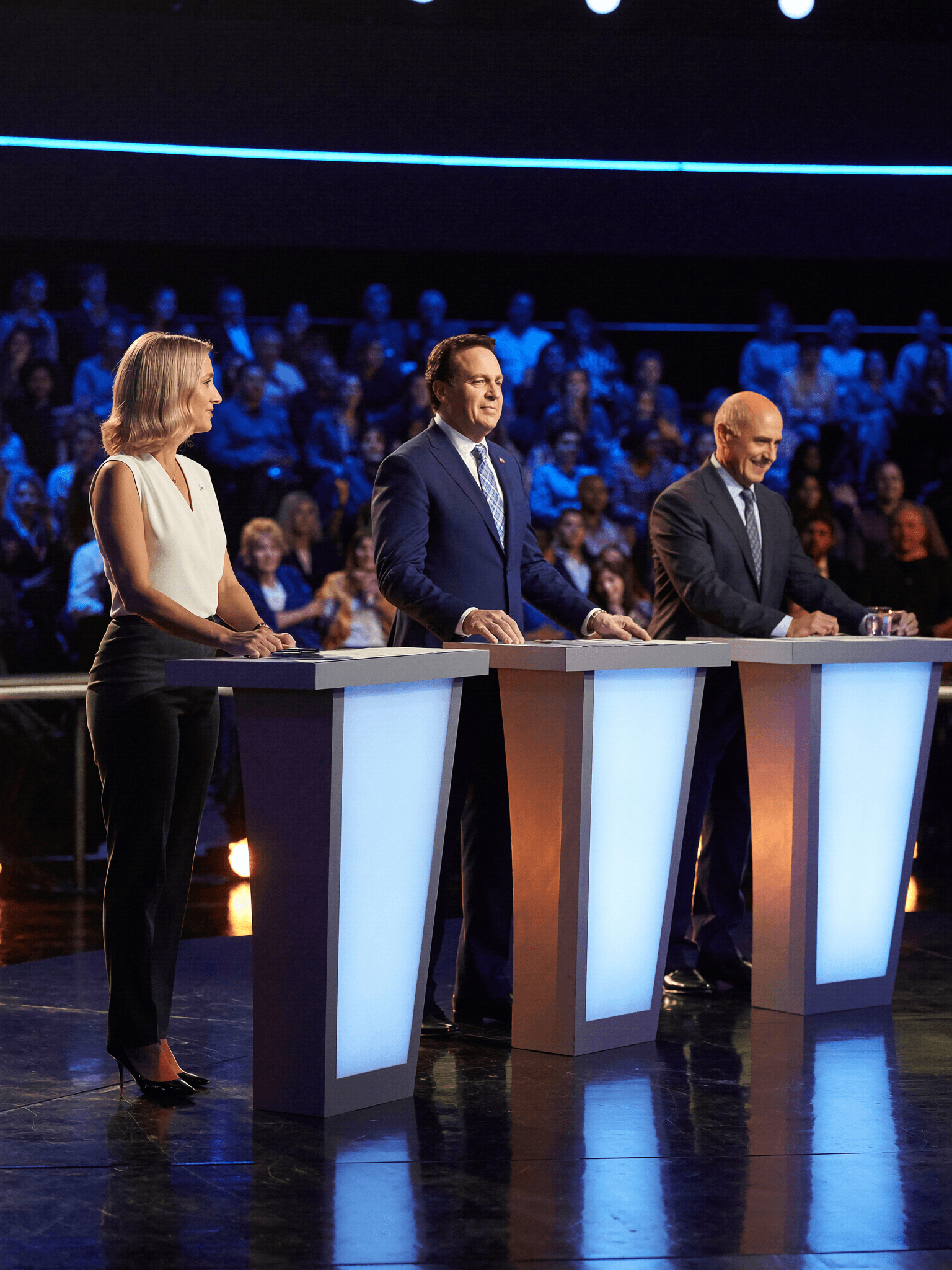 Two candidates at debate podiums with a moderator